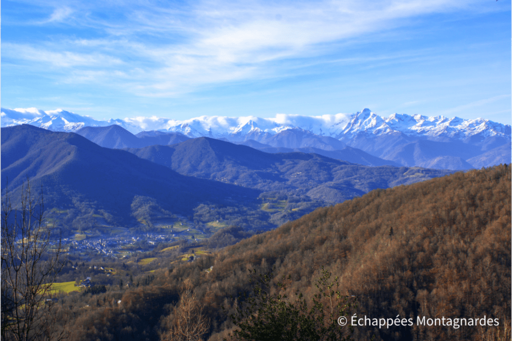À travers les bois, nous apercevons rapidement la vallée de Massat et les reliefs pyrénéens enneigés, notamment le Mont Valier