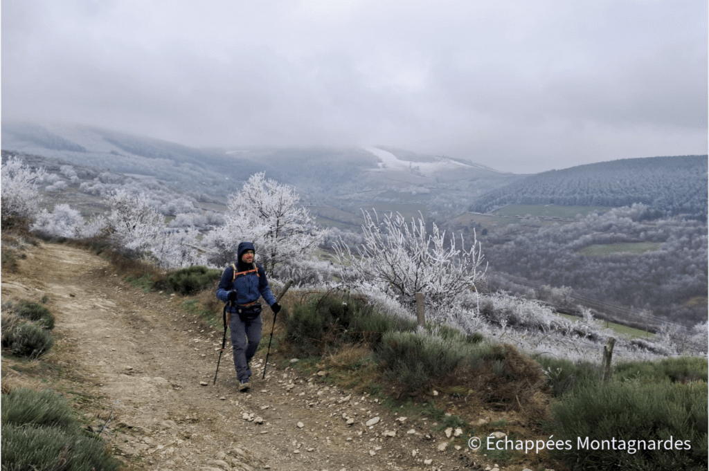 Randonnée dans les paysages givrés du Pilat, au-dessus du lac de Couzon