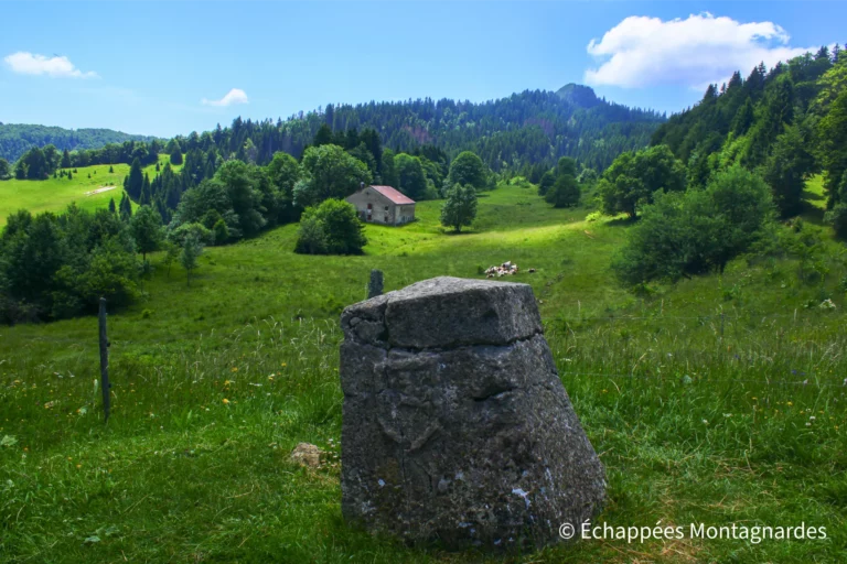 Traversée du Lura étape 15 - La borne au Lion : ancienne borne frontière entre le Bugey (France) et la Franche-Comté (Bourgogne espagnole)