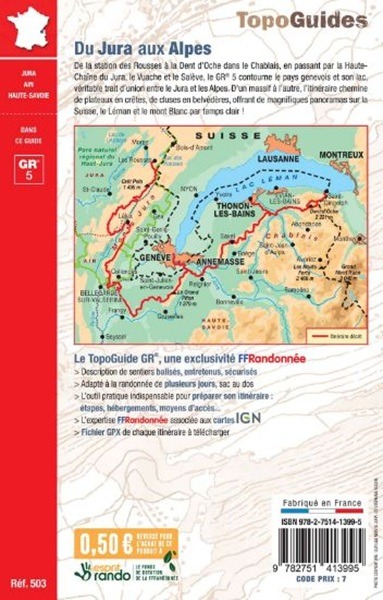 Topoguide FFRandonnée du GR5, portion du Jura aux Alpes par le balcon du Léman - quatrième de couverture