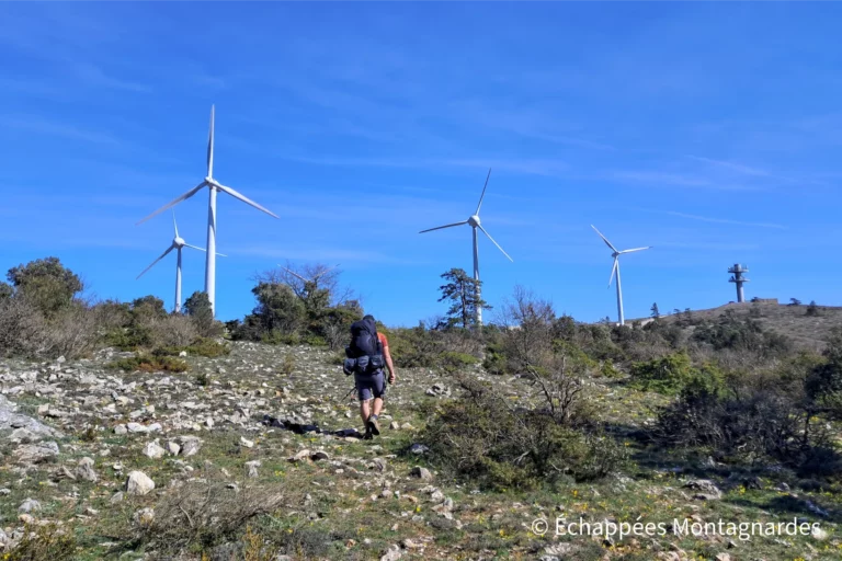 Les éoliennes marquent notre arrivée sur la crête sommitale du mont Tauch, à 870 mètres d'altitude.