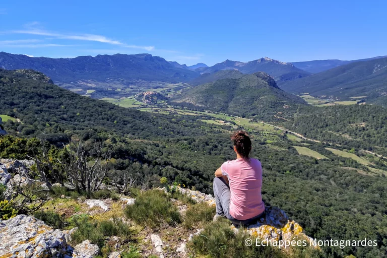 Après une ascension dans les bois, petite pause au roc de Mouillet (489 m). Jolie vue sur la vallée du Verdouble, sur le château de Peyrepertuse et le Bugarach.