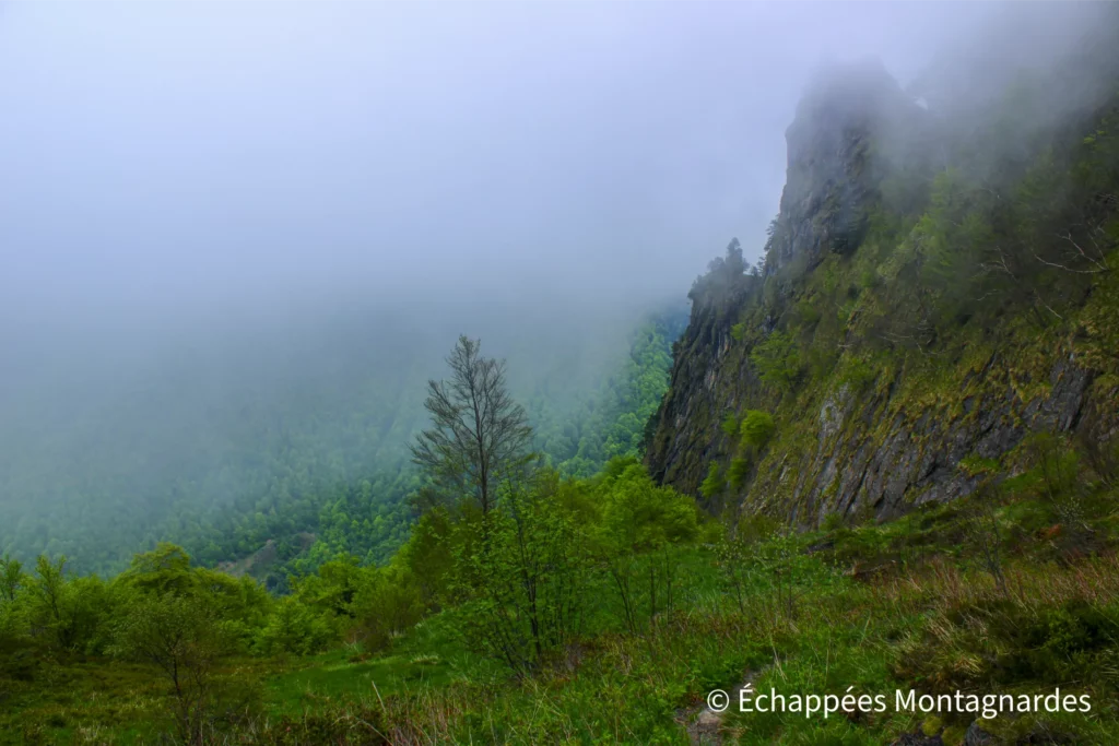 Les nuages sont tombés : nous effectuons une bonne partie de cette descente dans le brouillard...
