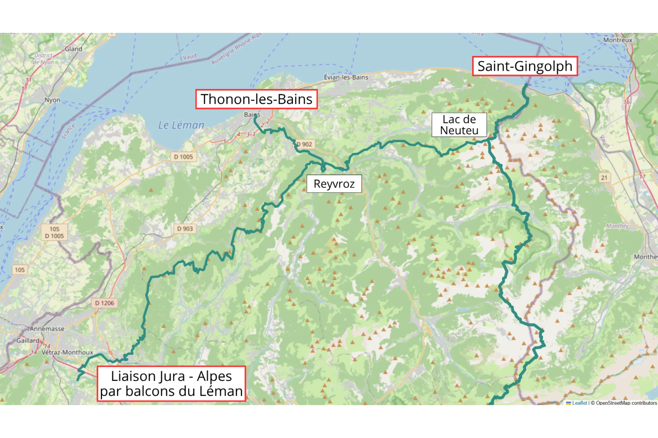 Infographie : les différents départs de la traversée des Alpes par le GR®5 : Saint-Gingolph, Thonon-les-Bains et la liaison du GR®5 depuis le Jura.