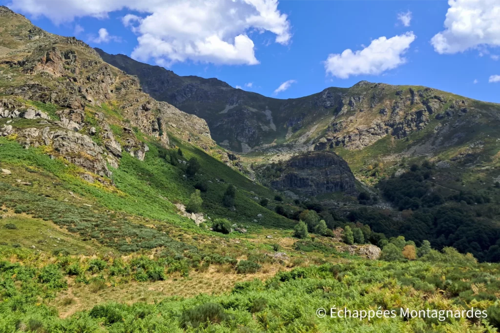 Crêtes et vallons s'enchainent et, après le pic des Bugarels, je perds rapidement de l'altitude. Ce joli vallon semble résister à l'importante sécheresse en cours.