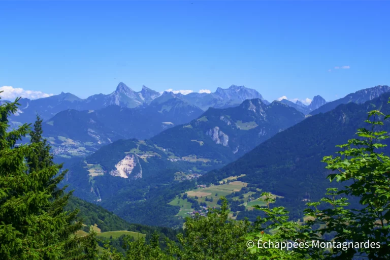 Depuis la chapelle, la vue s'étend sur les sommets du Chablais, notamment la Dent d'Oche, le Château d'Oche et les Cornettes de Bise.