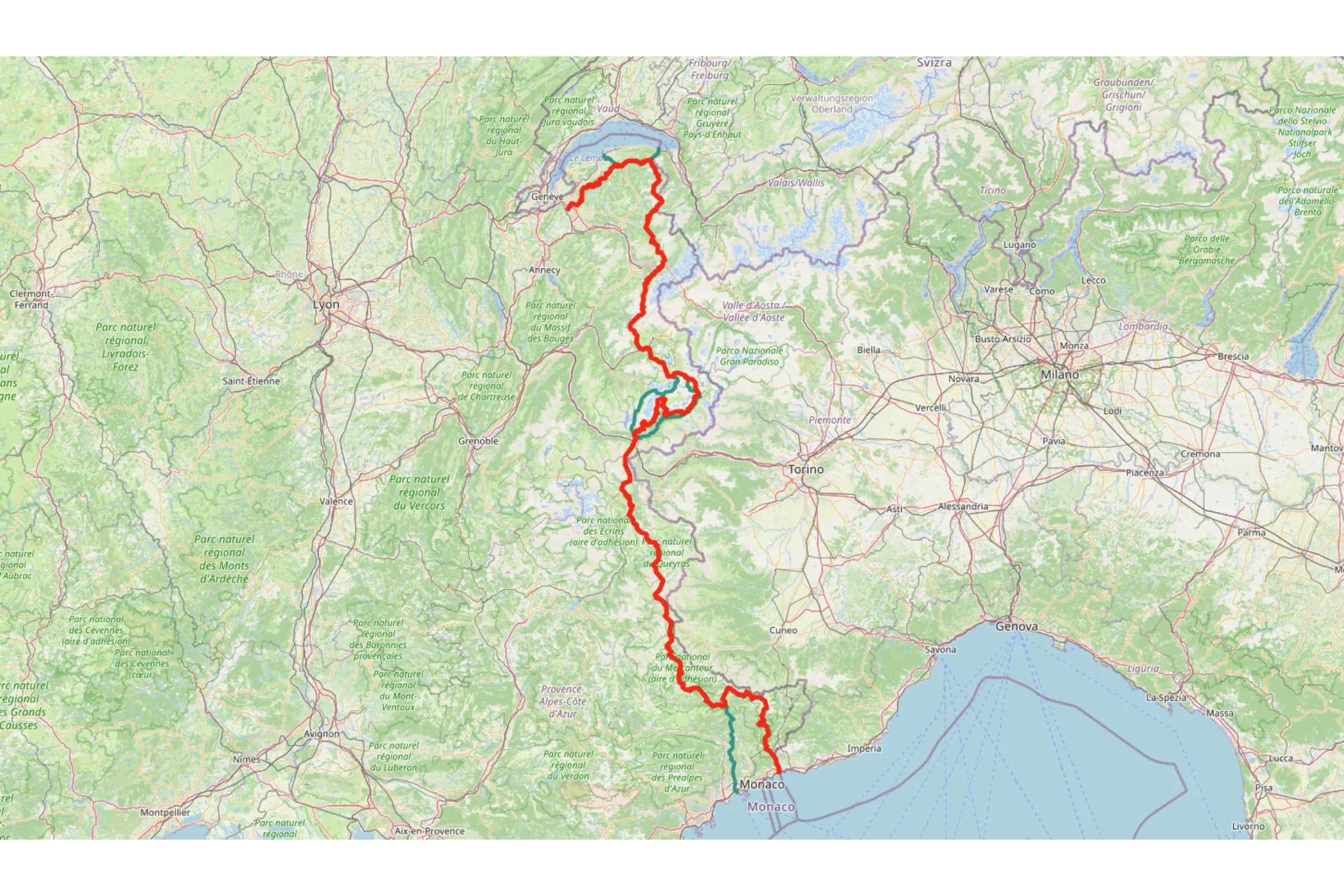 Itinéraire suivi lors de ma traversée des Alpes à pied, des balcons du lac Léman à Menton, en suivant le GR®5 et le GR®52.