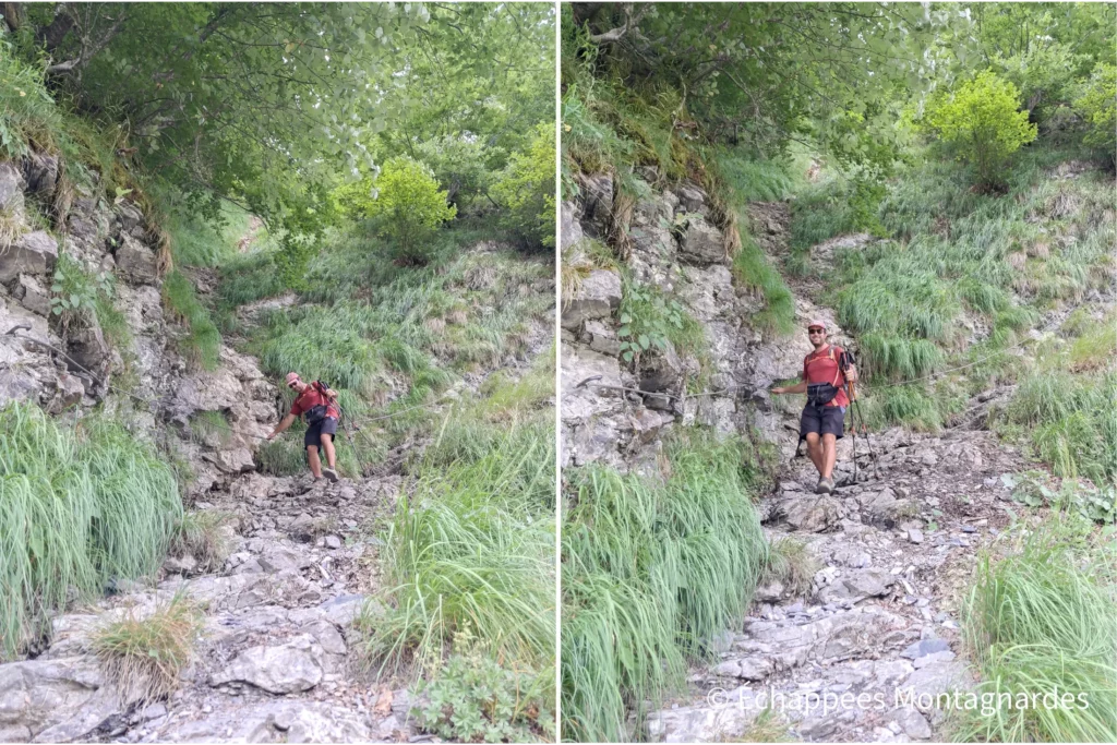 Deux photos dans la descente du Pas du Boret, aidé par des mains courantes